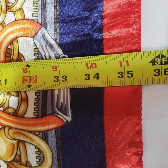 1632- Women’s Square Scarf Red Navy Gold Print 100% Polyester 35”x35” NWT - Picture 4 of 7